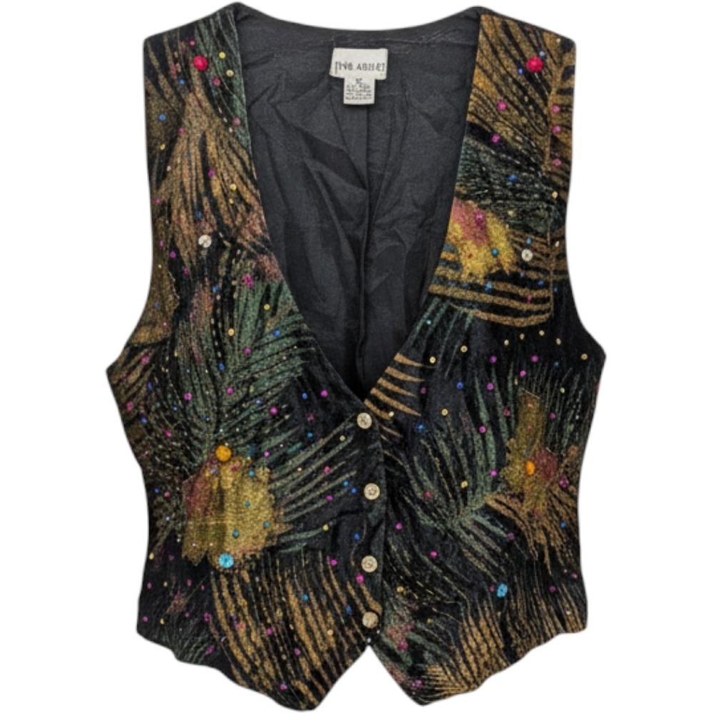 Vintage Artsy Vest Women Medium Black Velvet Beaded Embellished Art To Wear